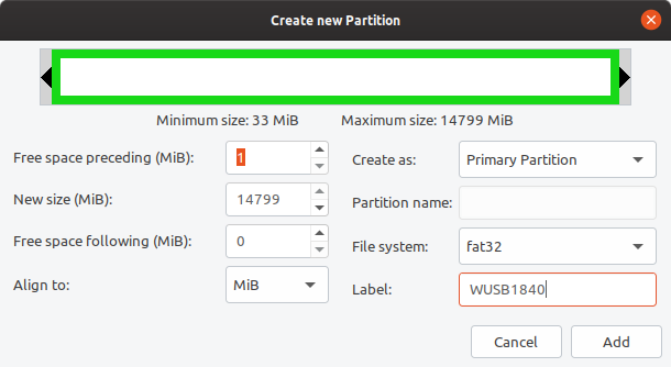 GParted new partition dialog