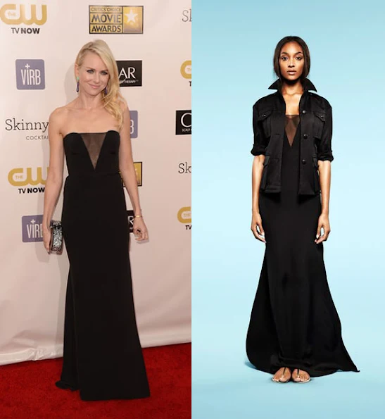 Naomi styling Irene Neuwirth jewels, an Edie Parker silver-and-black clutch black strappy Nicholas Kirkwood sandals