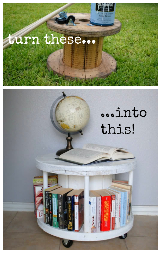 Upcycle Wooden Spool Bookcase The Refab Diaries If You Re On Pinterest Ve Probably Seen The Image That Inspired This Tutorial One Of Those Annoying Pins Doesn T Seem To Link Back Anything