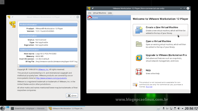 VMware Workstation Player executando no openSUSE Leap 42.2 com KDE Plasma 5.8 LTS