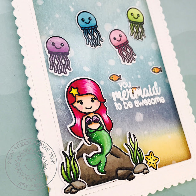 Sunny Studio Stamps: Magical Mermaid Suspended Shaker Mermaid Card by Amy Yang
