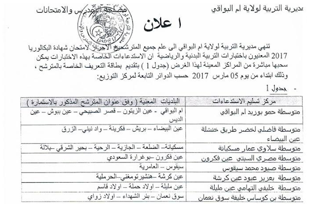 استدعاء التربية البدنية بكالوريا 2017 ولاية ام البواقي