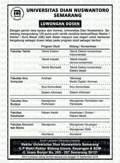 Lowongan Dosen Udinus Semarang 2016 Terakhir 10 September Lo Buruan Harian Guru