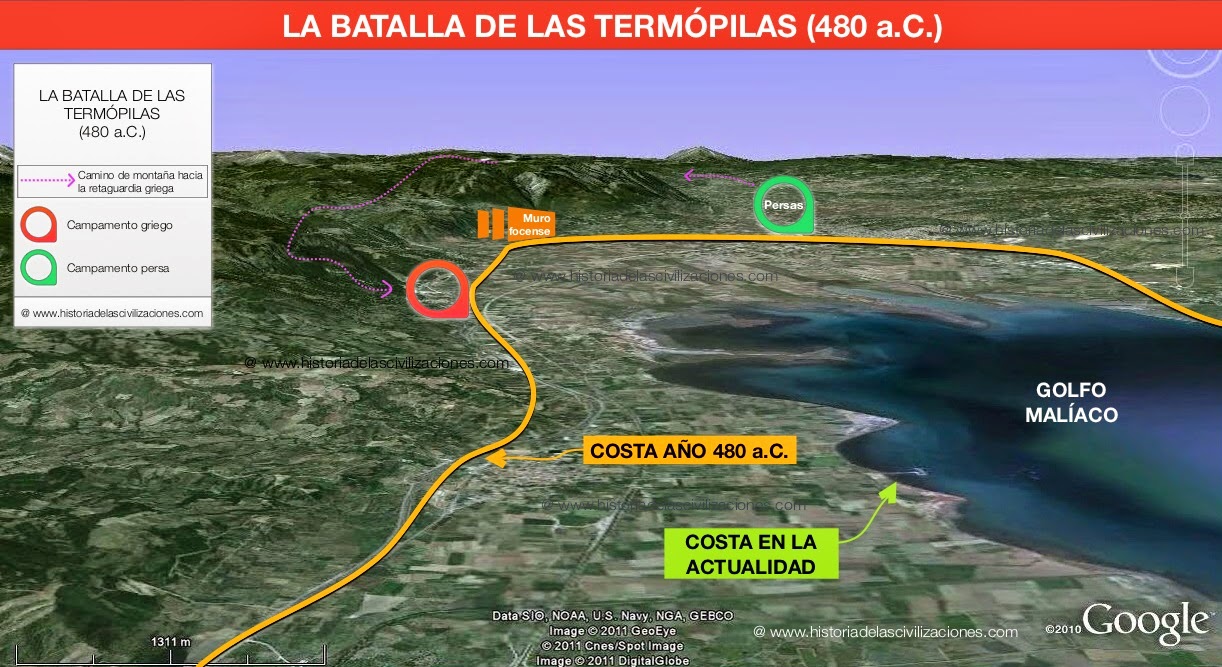 Mapa de la batalla de las Termópilas - www.historiadelascivilizaciones.com