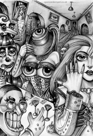 Prop Up The Bar | Surrealistic art illustration by British Artist Spencer J. Derry Original Art