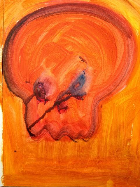 Pintura que muestra una calavera naranja sobre fondo naranja, y que llora, realizada en un cuadernos Moleskine de 14 x 9 cm. en julio de 2011, obra de EmeBeZeta