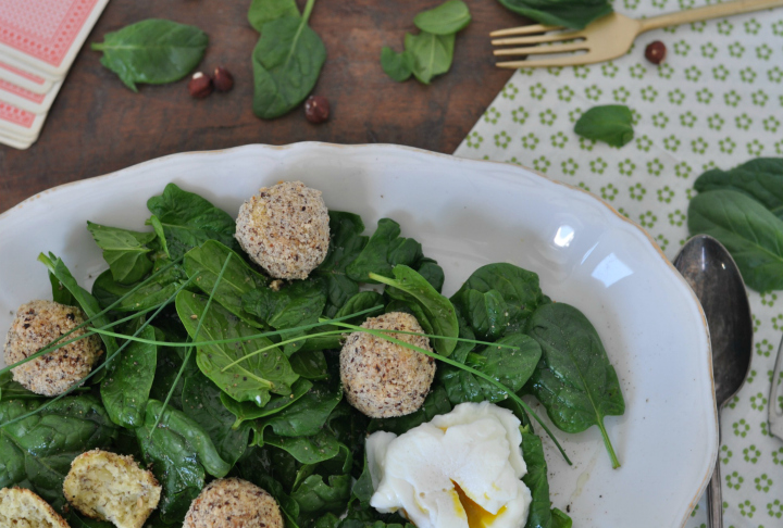 glutenfree Spinach Salad with Poached Egg and Pommes Dauphine with hazelnuts
