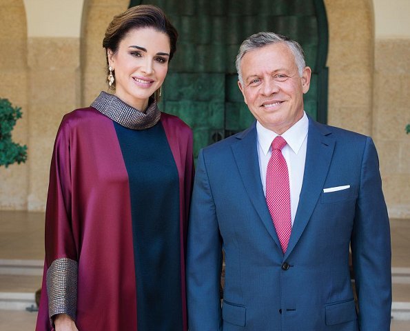 Queen Rania wore Layeur (The Modist) Silk Seraphima Dress. King Abdullah, Queen Rania, Crown Prince Hussein and Princess Salma at Independence Day