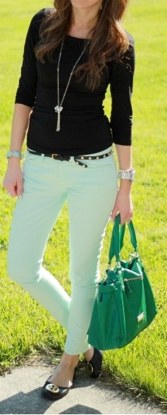outfit post: black crepe shirt, mint cropped jeans, black flats ...