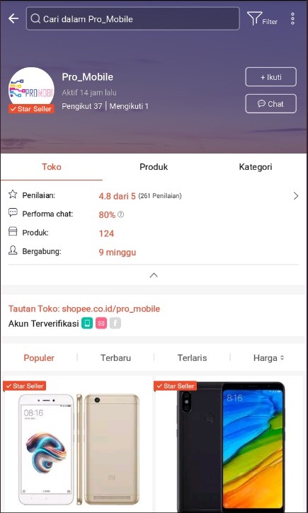Profile Toko Pro Mobile di Marketplace Shopee.