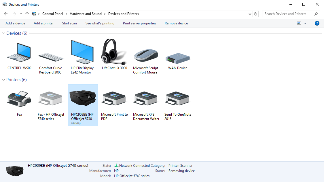 Can't remove HP Printer on Windows 10, status Removing Device