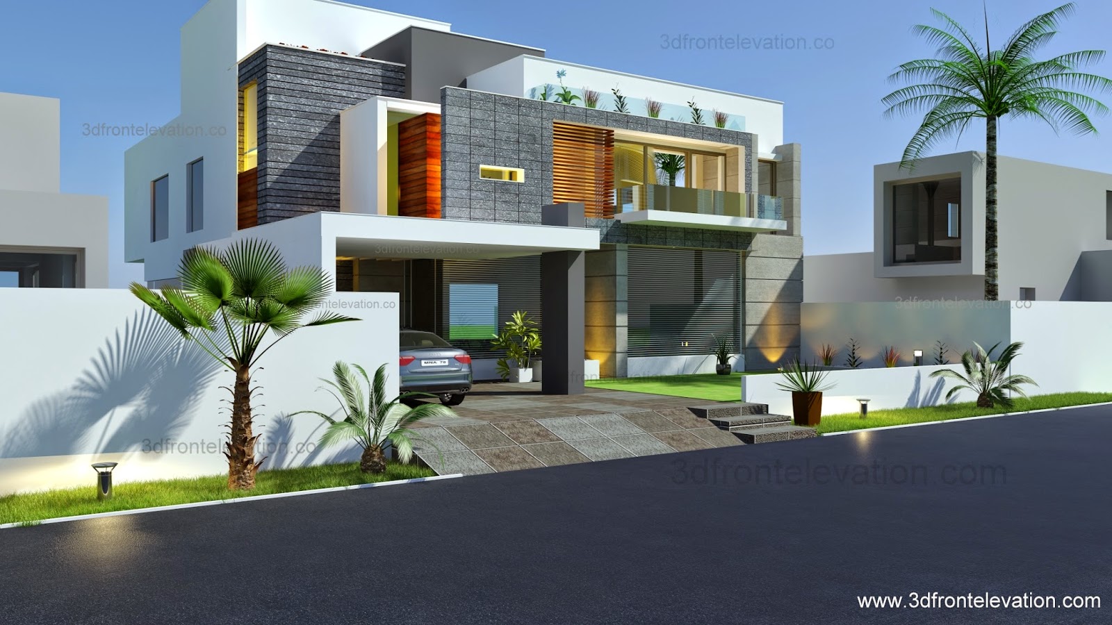 3D Front Elevation com Beautiful Modern Contemporary 