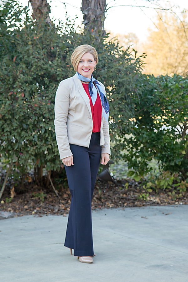 women's business attire with neck scarf