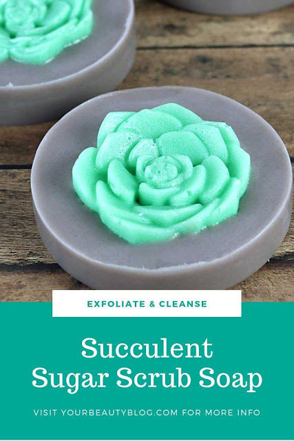 How to make a cute succulent sugar scrub soap. This unique sugar scrub bar is perfect for summer. Use melt and pour soap for this easy DIY.  Get creative by making homemade sugar scrub bars recipe. If you need soap making ideas, try this.  This makes great DIY gifts too!  The grapeseed oil helps dry skin.  Instead of sugar scrub cubes, make these cute succulent soaps.  #soap #succulent