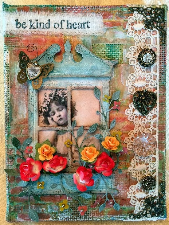 sweet vintage canvas with tim holtz die cut window, vintage buttons, frosted film window