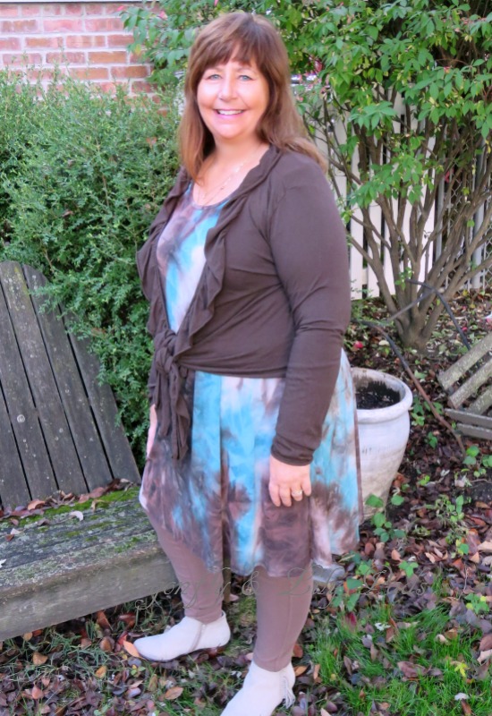 Carson Dress Tunic, Glamour Farms Boutique, Light Brown Leggings, Dark Brown Ruffle Tie front T-shirt jacket, 