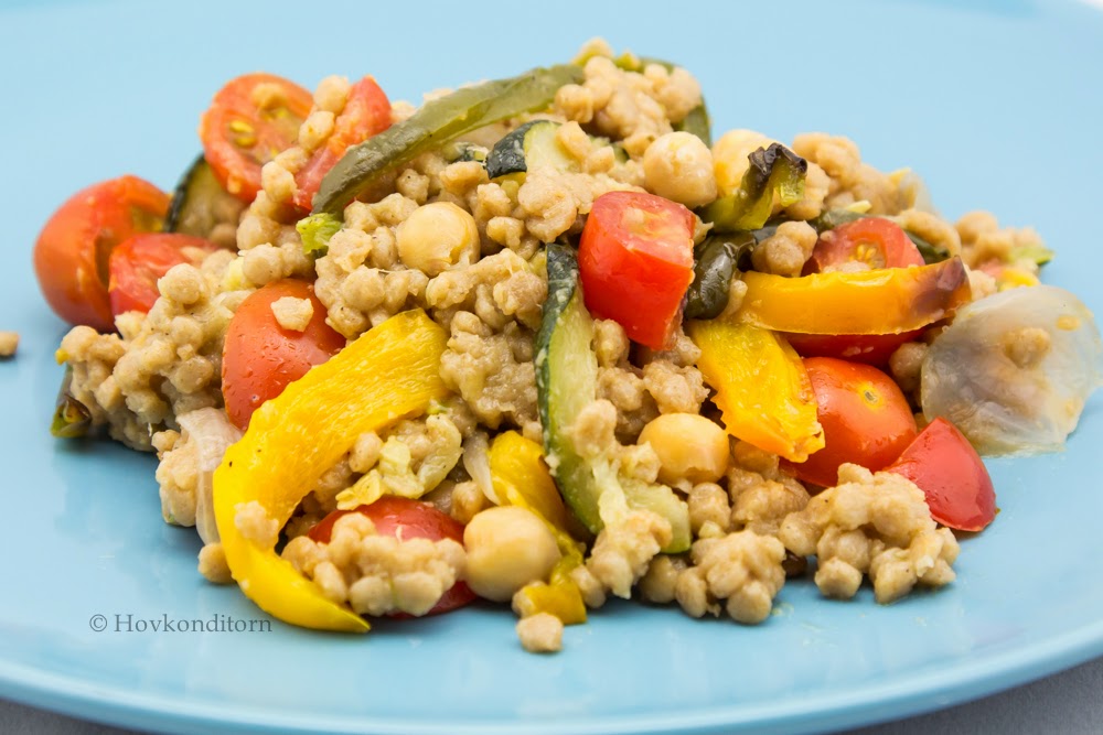 Pearl Couscous with oven roasted vegetables and chickpeas
