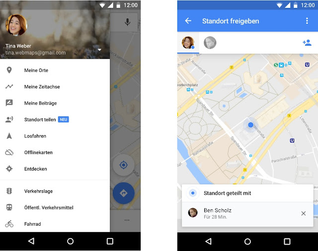 Screenshots, die zeigen, wie die Funktion "Standort teilen" in der Google Maps App aussieht