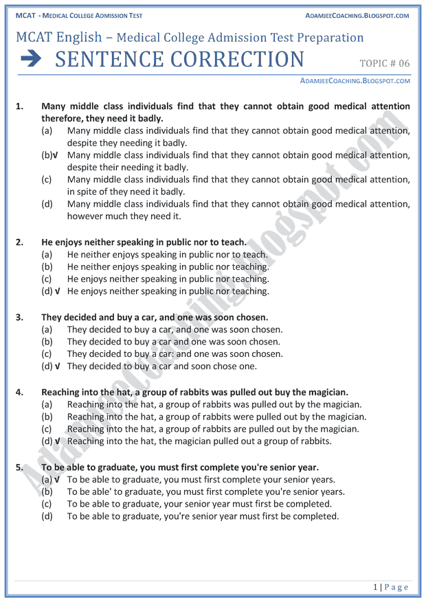 Adamjee Coaching MCAT English [Sentence Correction] Mcqs for Medical Entry Test