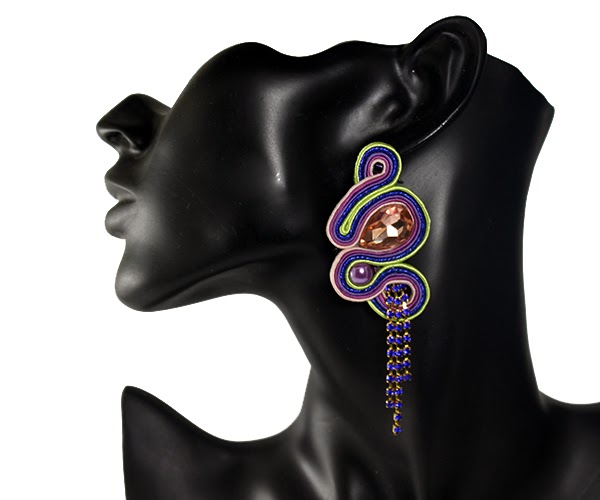 Violet, navy blue and lime soutache earrings, soutache handmade jewelry