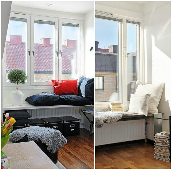 rincón de lectura debajo de la ventana