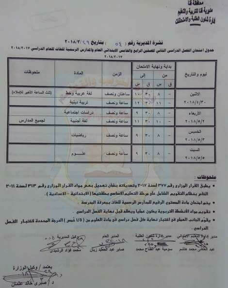 جدول مواعيد امتحانات اخر العام 2018 محافظة قنا