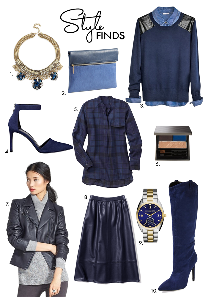 blue leather skirt, navy trend, wear to work, leater skirt, tall boots, work, fall