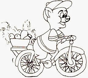 desenho de porquinho com bicicleta e cesta de legumes para pintar