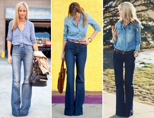 calça flare jeans com camisa social