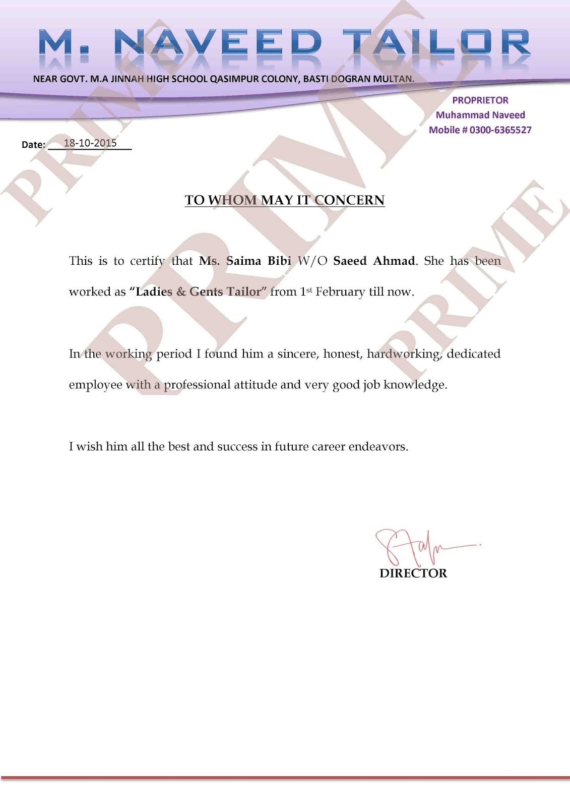 Prime Composing Center Experience Certificates