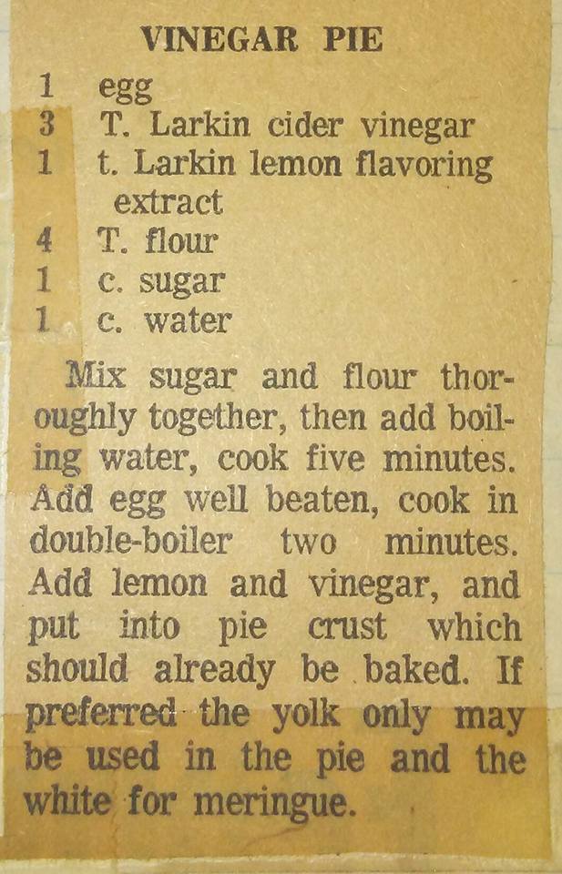 Grandma's Vintage Recipes VINEGAR PIE