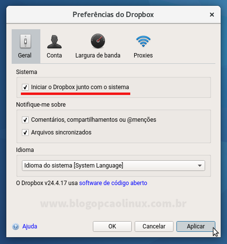 Configurações do Dropbox Client