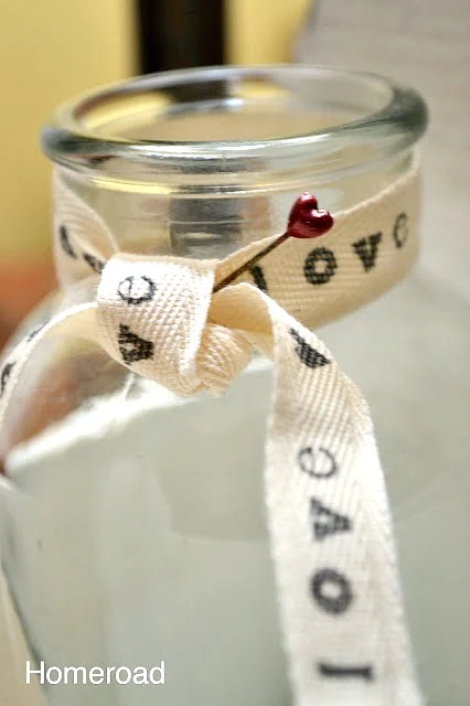 Hand Printed Vintage Valentine Ribbon on bottle