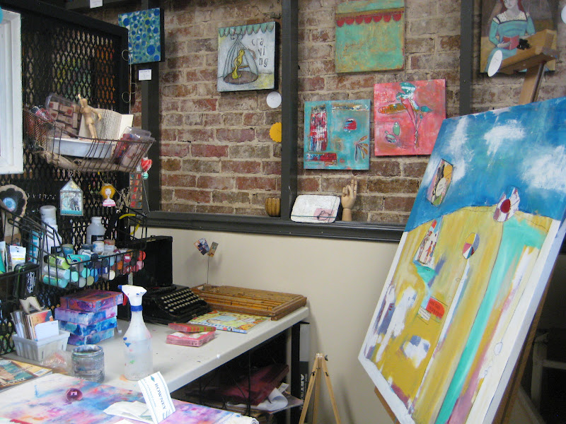 Second Saturday Studio filled with creative supplies and artwork in progression