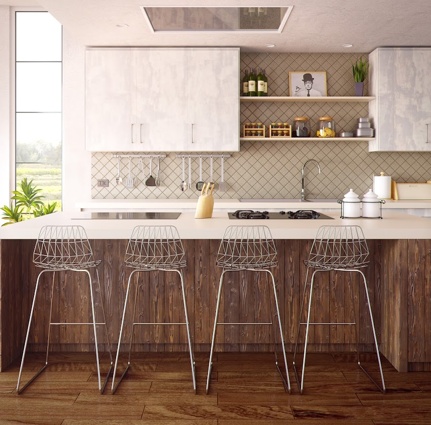 Four Gray Bar Stools in Front of Kitchen Countertop Four Gray Bar Stools in Front of Kitchen Countertop
