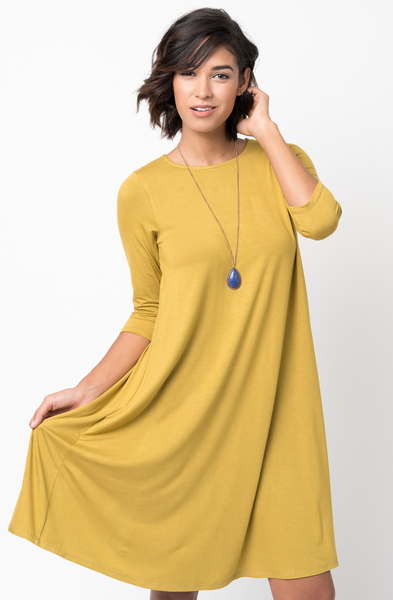 Shop for Mustard Shirred Back Midi 3/4 sleeve jersey dress crew neck online on caralase.com