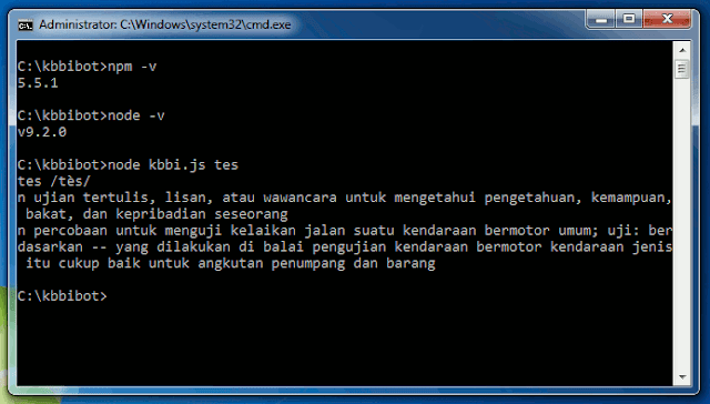 Jendela Command Prompt ketika menjalankan Node.js Jendela Command Prompt ketika menjalankan node, npm dan skrip nodejs