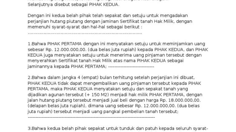 Contoh Surat Perjanjian Hutang Piutang Dengan Jaminan Sertifikat Tanah