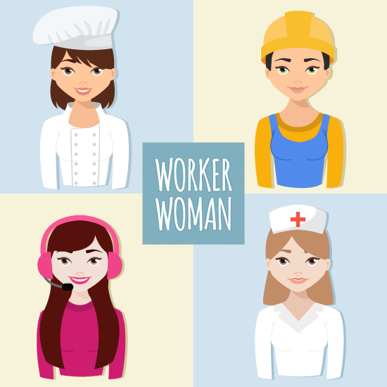 Mujer trabajadora, cocinera, enfermera, operadora y construcción - vector