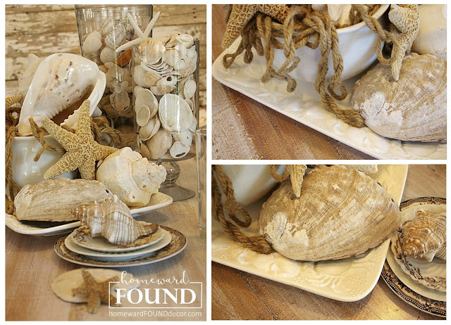 antiques, beach style, coastal style, color palettes, entertaining, fall, farmhouse style, found objects, neutrals, rustic style, seashells, summer, tablescapes, vintage, white dishes