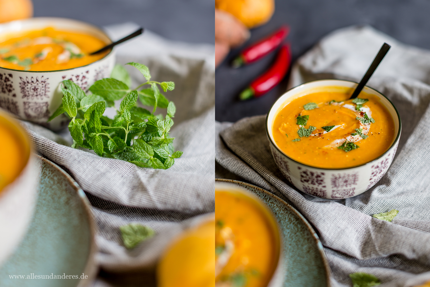 Pikante Kürbis-Süßkartoffel-Suppe mit Minze und Chili | Alles und Anderes