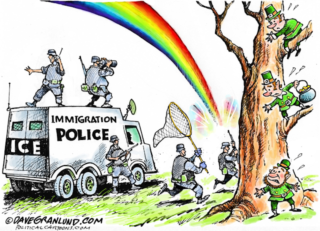 Heavily armored ICE agents at the end of the rainbow pursuing leprechauns.
