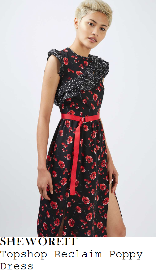 frankie-bridge-topshop-reclaim-black-white-and-red-poppy-floral-and-polka-dot-print-sleeveless-frill-panel-detail-belted-open-back-split-front-midi-dress