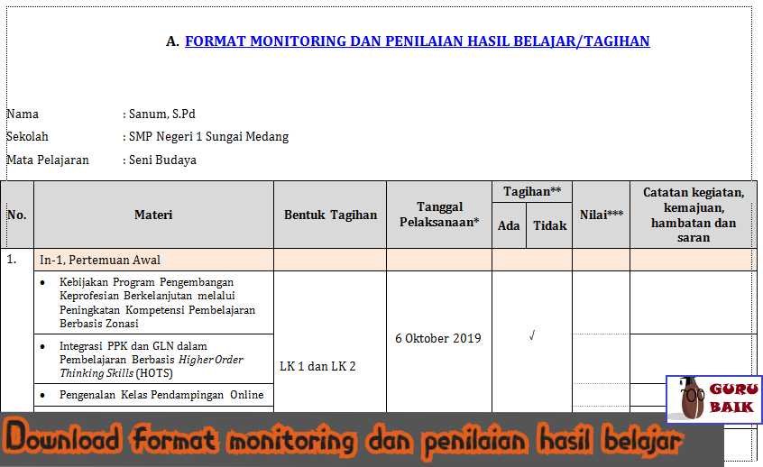 Format Monitoring Dan Penilaian Hasil Belajar Tagihan In 5
