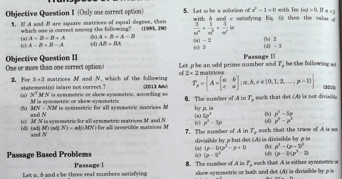 Matrices and Determinants JEE Advanced 38 Year Previous Year Questions