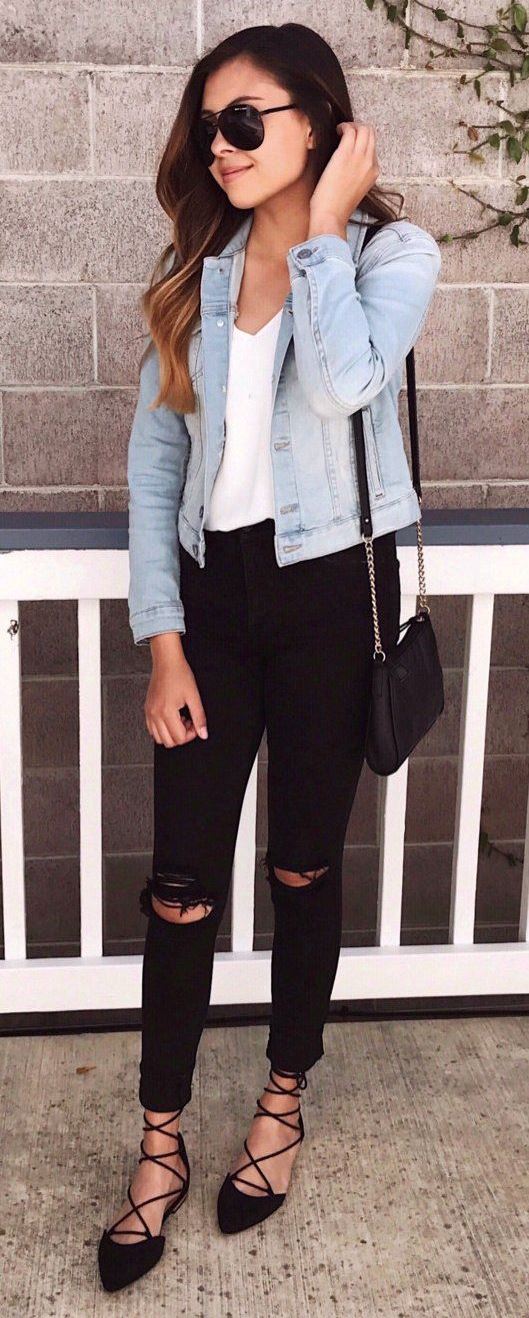 casual style obsession / denim jacket + white top + bag + ripped jeans + black shoes