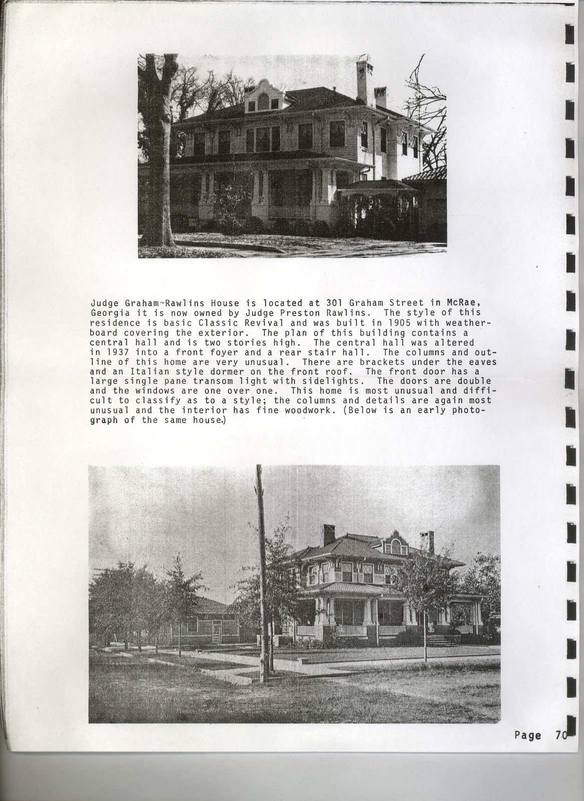 Old Historical Home McRae, Ga House Description from 1907 to 1937