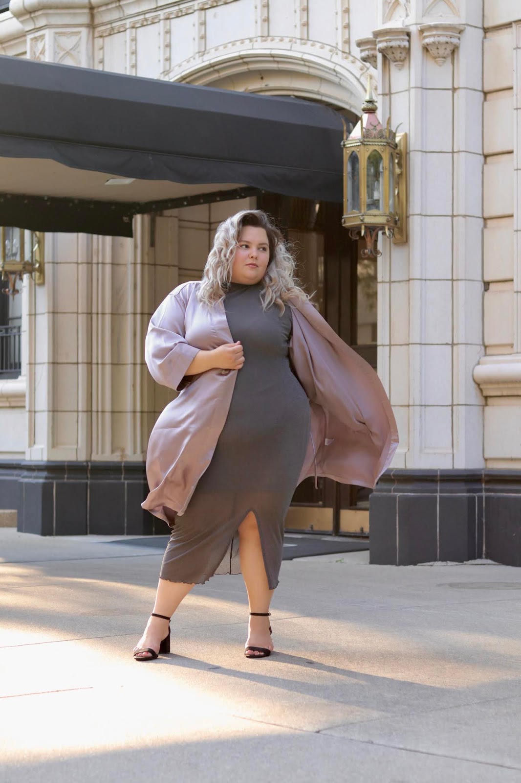 Chicago Plus Size Petite Fashion Blogger Natalie in the City reviews Soncy's satin robe kimono duster in lavender.