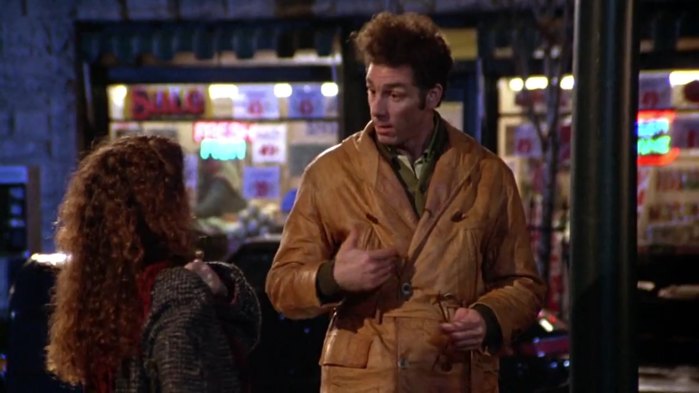 Kramer was wearing Jerry's ruined Suede Jacket in the Episode “The