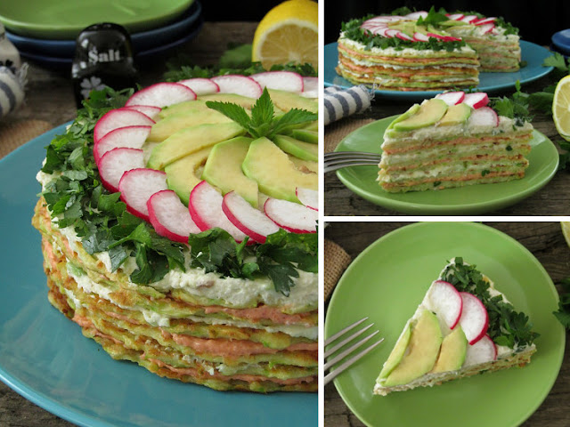 Кабачковый торт с начинкой из феты, авокадо и икры мойвы